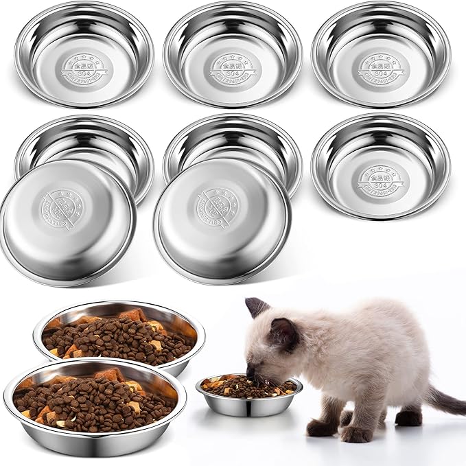 10 Pcs Shallow Cat Food Bowls 6.3 Inches Replacement Stainless Steel Cat Bowls Fatigue Relief for Elevated Stand Metal Dishes Basic for Dishwasher Safe