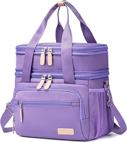 Insulated Lunch Box for Women Men-Dual Compartment Waterproof Reusable Large Lunch Bag Wide-Open Tote Cooler Bag For Working Picnic Hiking (15L) (Purple)