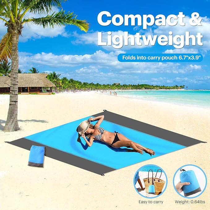 EASYFUN Beach Blanket Sandproof Oversized, 79''83'' Extra Large Beach Mat, Portable Picnic Mat for Travel Camping Hiking, Lightweight Beach Essentials Family Water Resistant Mat Nylon 210T