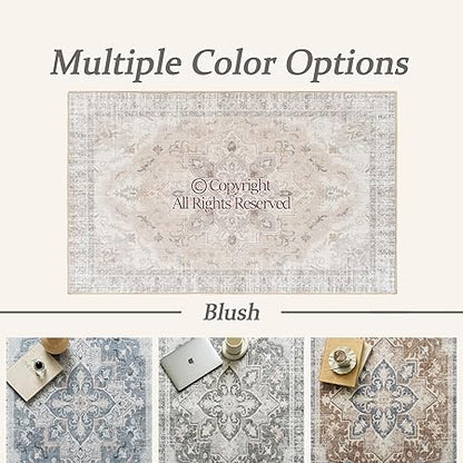 Boho Tribal Living Room Rug - 6x9 Washable Area Rug with Non-Slip Backing Low-Pile Bohemian Printed Rug Distressed Rug 6x9 Large Carpet for Living Room Office Farmhouse Bedroom -Light Blush