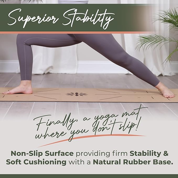 Premium Yoga Cork Mat  5mm Thick Natural Tree Rubber Base and Bigger Mat for Extra Support, Alignment lines for Guidance  Non-Slip, Natural  Eco-friendly, Your Ultimate Eco-Friendly Yoga Companion