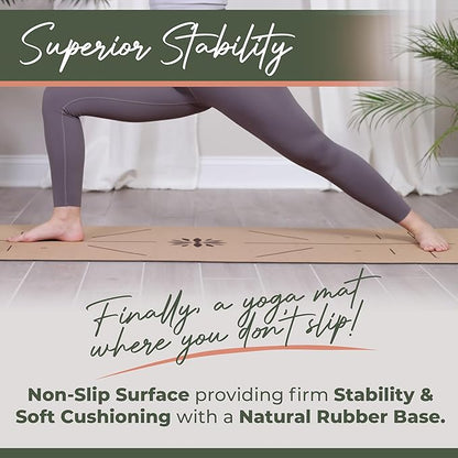 Premium Yoga Cork Mat  5mm Thick Natural Tree Rubber Base and Bigger Mat for Extra Support, Alignment lines for Guidance  Non-Slip, Natural  Eco-friendly, Your Ultimate Eco-Friendly Yoga Companion