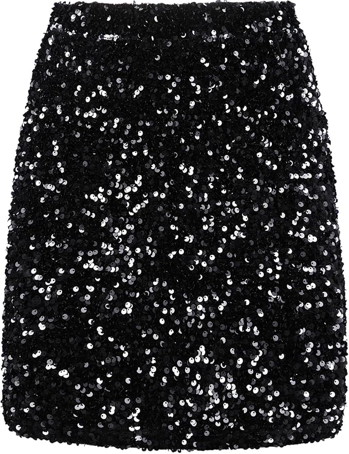 REEMONDE Women's Sequin Skirt Sparkle Stretchy Bodycon Mini Skirts Night Out Party