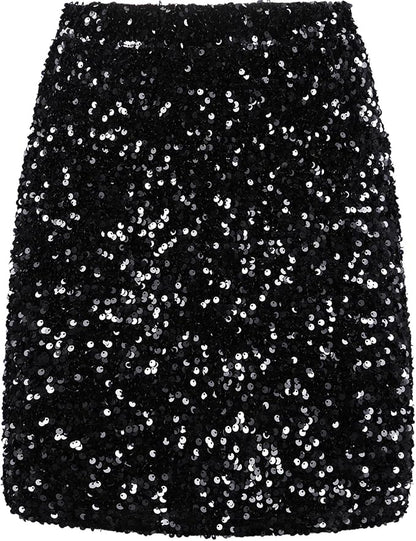 REEMONDE Women's Sequin Skirt Sparkle Stretchy Bodycon Mini Skirts Night Out Party