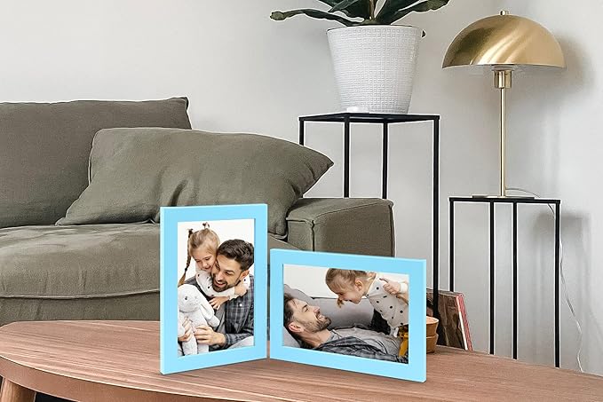 Vertical Horizontal Combo, Double 5x7 Soft-Blue Wood Foldable Picture Frame, Opening 4.5x6.5, Desktop or Wall Mounted, Portrait and Landscape View
