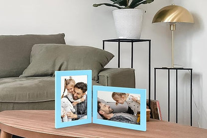 Vertical Horizontal Combo, Double 5x7 Soft-Blue Wood Foldable Picture Frame, Opening 4.5x6.5, Desktop or Wall Mounted, Portrait and Landscape View