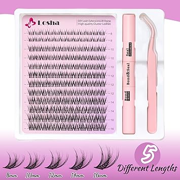 Losha Lash Extension Kit 144pcs Wispy Lash Clusters Kit 8-16mm Natural Cluster Eyelash Extensions C Curl DIY Lash Extensions Kit For Beginners (LD04 Flutter)