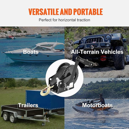 Happybuy Manual Winch, Pulling Force of 2000 lbs, Durable Trailer Winch with 23 ft Polyester Strap, Dual-Direction Ratchet, Robust Rope Crank for Towing Trailer, Boat or ATV