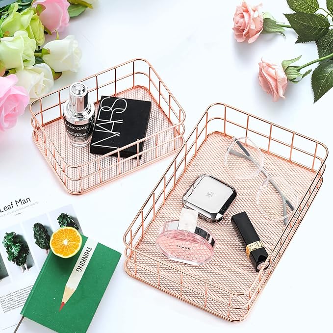Hacaroa 4 Pack Rose Gold Wire Mesh Basket, Metal Desk Drawer Organizer Desktop Holder Tray for Cosmetic, Stationery, Magazines, Fruit Snacks, Home, School, Office, 2 Size