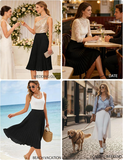GRACE KARIN Pleated Midi Skirt for Women,Chiffon Elastic High Waist Knee Length Skirts,Swing Flare A-Line Outfits.