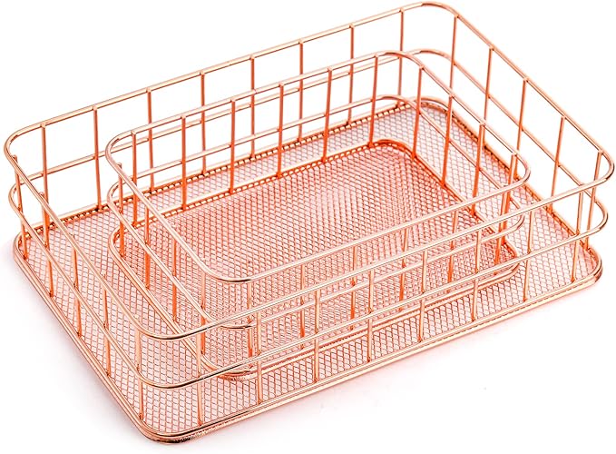 Hacaroa 4 Pack Rose Gold Wire Mesh Basket, Metal Desk Drawer Organizer Desktop Holder Tray for Cosmetic, Stationery, Magazines, Fruit Snacks, Home, School, Office, 2 Size