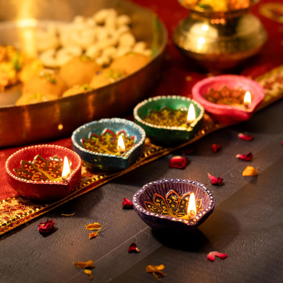 Pack of 12 Clay Diyas with Cotton Wicks, Diwali Decorations for Home, Mitti Diyas for Pooja, Indian Pooja Decor for Mandir, Diwali Gift, Earthen Lamp for Navratri Dussehra, Party Favors( 2 yellow-2Purple-2Pink-2Orange-2Green-2Blue )