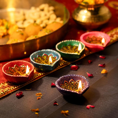 Pack of 12 Clay Diyas with Cotton Wicks, Diwali Decorations for Home, Mitti Diyas for Pooja, Indian Pooja Decor for Mandir, Diwali Gift, Earthen Lamp for Navratri Dussehra, Party Favors( 2 yellow-2Purple-2Pink-2Orange-2Green-2Blue )