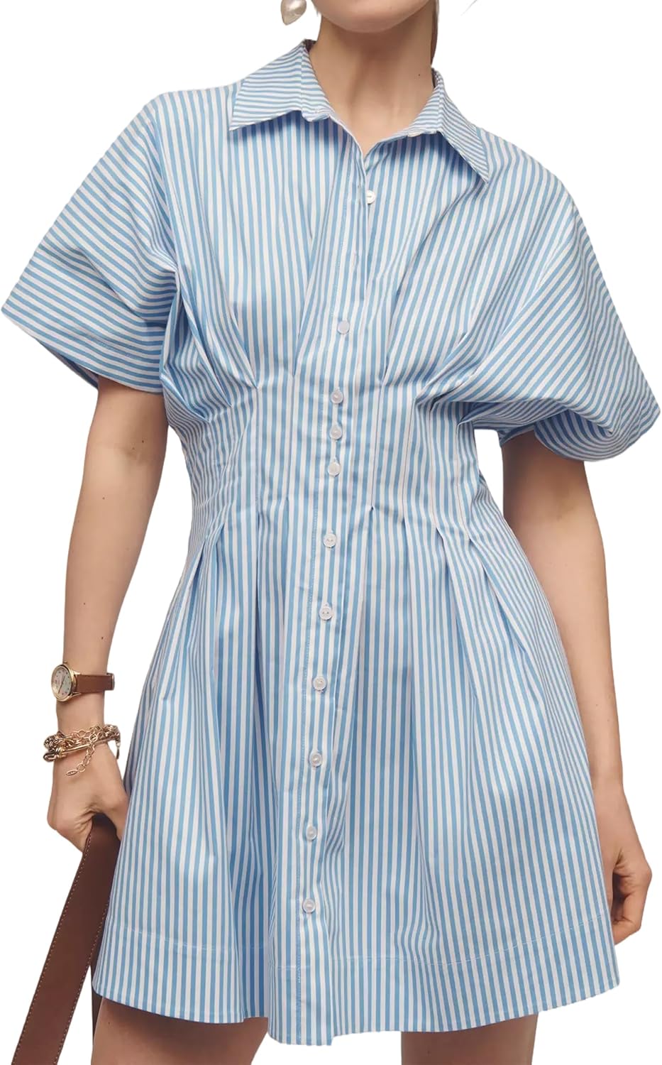 synound Women’s Button Front Down Pleated Shirt Dress Summer Casual Striped Short Sleeve Blouse Mini Dresses