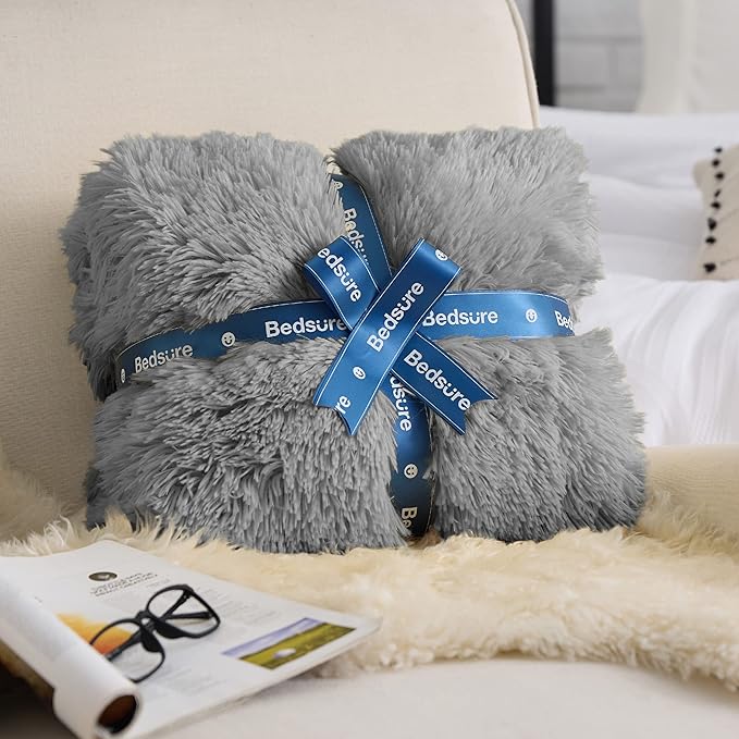 Bedsure Fluffy Grey King Size Blanket for Bed, Thick Soft Sherpa Faux Fur Fleece Bedding Fuzzy Plush Winter Warm Heavy Oversize Big Large King Blanket, Cozy Grey Gifts for Men Women, 108x90