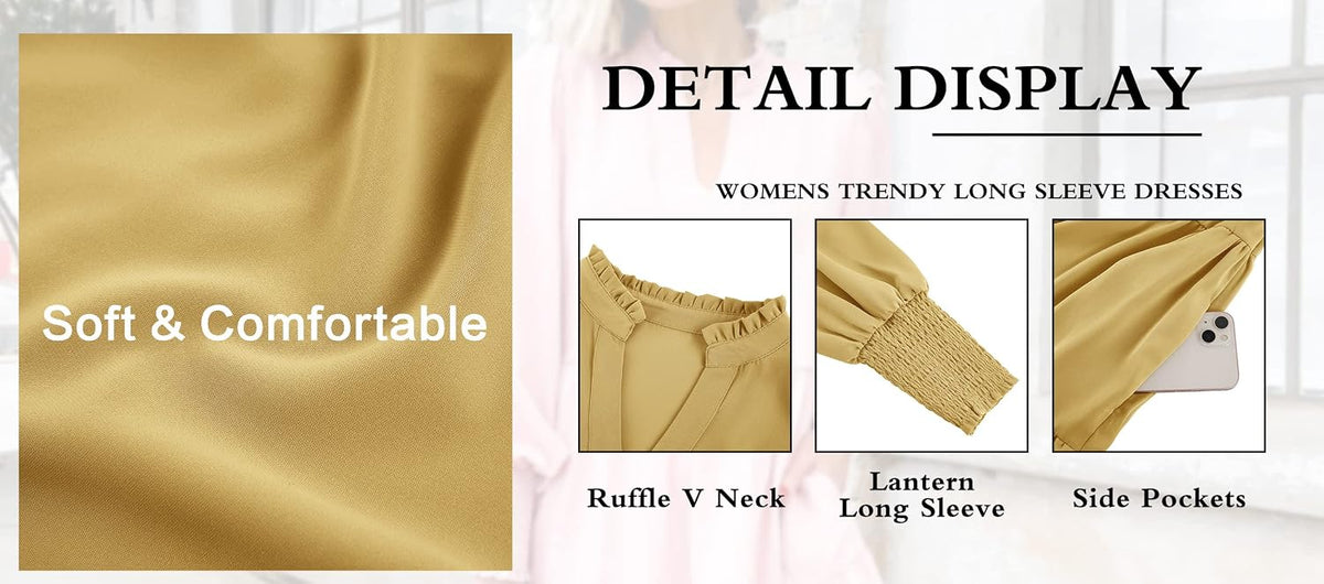 This charming dress features a flowy, tiered skirt and long blouson sleeves for a stylish, comfortable look that's perfect for any occasion.