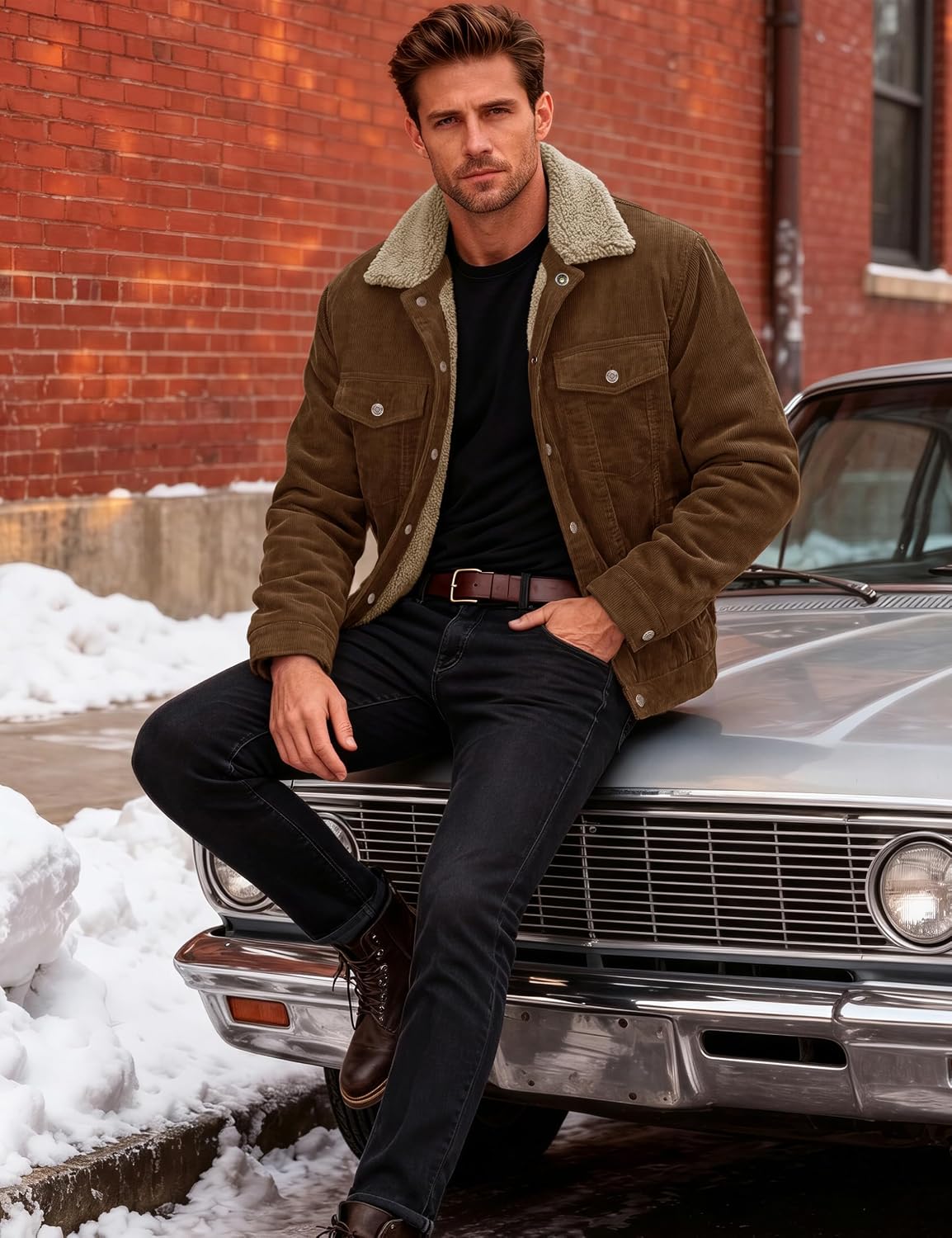 Men's Corduroy Jacket Winter Sherpa Lined Warm Thick Trucker Cargo Coat with 5 Pockets
