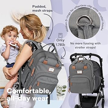 RUVALINO Diaper Bag Backpack, Multifunction Travel Pack Maternity Baby Changing Bags, Large Capacity, Waterproof, Iron Gray