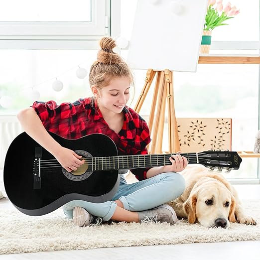 ZENY 38" New Beginners Acoustic Guitar With Guitar Case, Strap, Tuner and Pick (Black)