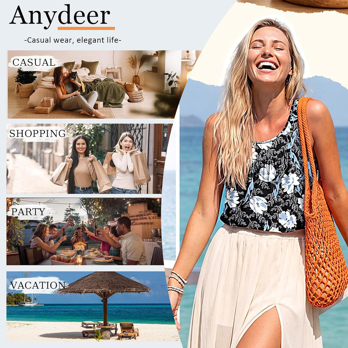 Anydeer Women Tank Tops Casual Summer Tunics Sleeveless Pleated Crewneck Shirts Loose Fit Flowy Blouses M-4XL
