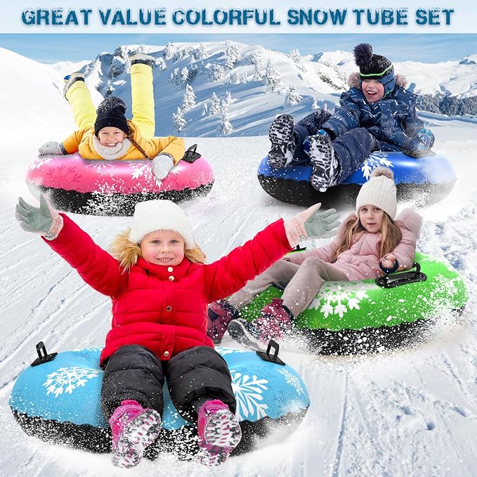 36'' 4Pack/ 47'' 1Pack Sleds, Snow Sled for Kids and Adult, Snow Tube for Sledding Heavy Duty Thickened Double Bottom with Handles, Sleds for Snow Outdoor Toys Gifts for Family Boys and Girls