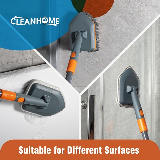 CLEANHOME Floor Scrub Brush Tile Tub Scrubber Brush 4 Different Cleaning Heads, Shower Brush, 56" Extendable Long Handle, For Kitchen, Bathroom, Tub, Tile, Wall