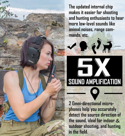 PROHEAR Digital Electronic Shooting Ear Protection Muffs with GEP02 Gel Ear Pads, Hunting 5X Sound Amplification Earmuffs, NRR 23dB Low Profile Hearing Protection for Gun Range - Black