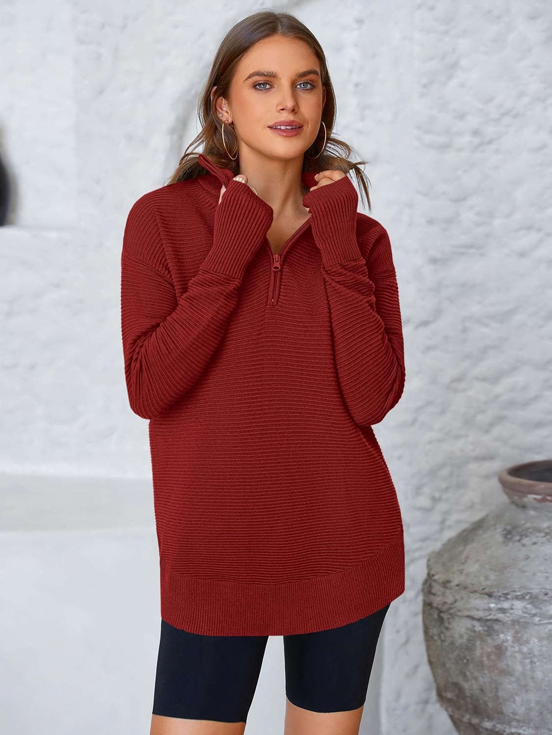 PRETTYGARDEN Womens Long Sleeve Quarter Zip Pullover Sweater Casual Loose V Neck Collared Ribbed Knit Jumper Tops Thumb Hole