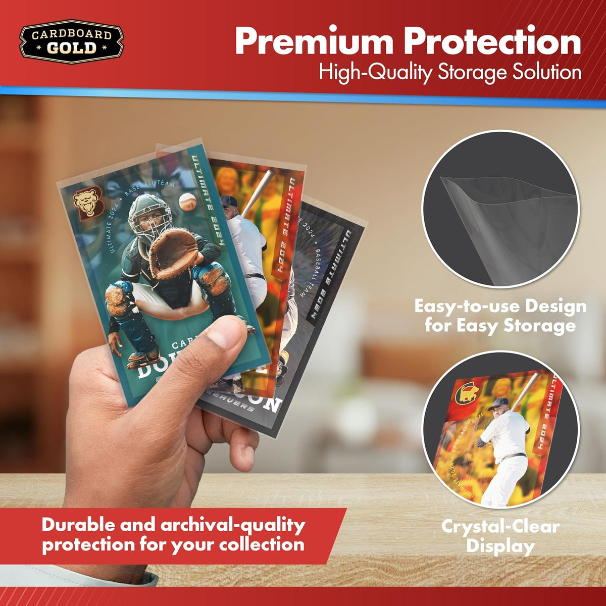 Cardboard Gold Penny Sleeves for Trading Cards - 100 Count Card Protector Sleeves with Durable, Crystal-Clear Plastic for Baseball, Sports, Collector, Standard-Sized Cards 2-5/8” x 3-5/8” (67x94mm)
