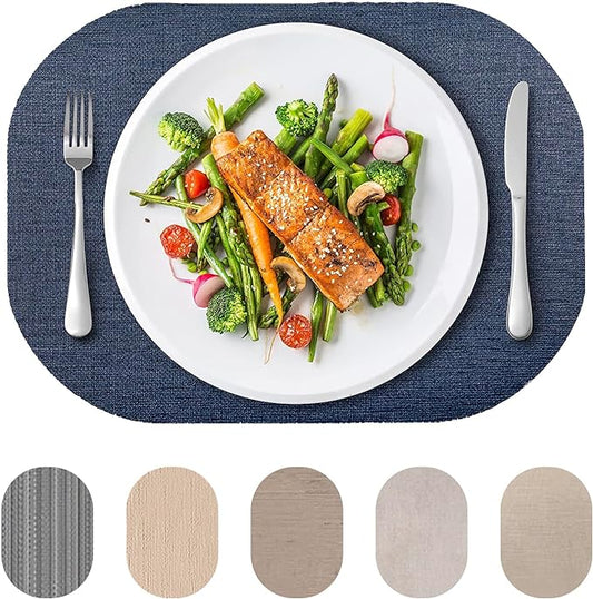 Andie Home Oval Placemats for Kitchen Table and Dining Room, 6-Piece Set, Heat-Resistant and Surface Washable Placemat, Indigo Blue, 17"x12"
