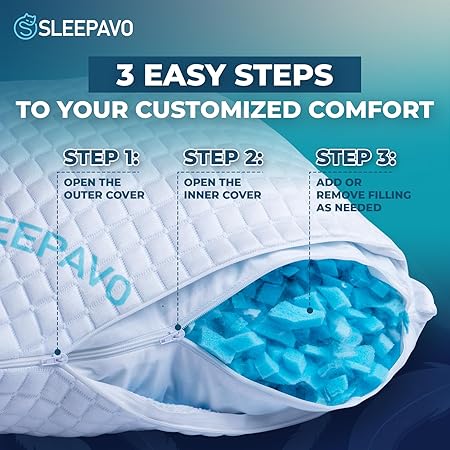 Adjustable Shredded Memory Foam Pillow Queen Size - Soft or Firm Rayon Derived from Bamboo Pillow for Side Sleeper, Stomach  Back - Cold Cooling Gel Bed Pillow for Sleeping Premium Comfortable Pillow