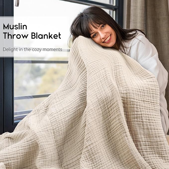 Yoofoss Muslin Blanket 100% Organic Cotton Throw Large 50" x 60" for Bed Couch Summer Gauze Blanket for Adults Lightweight and Breathable Apricot White