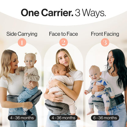 Tushbaby Original Hip Seat Baby Carrier for Babies & Toddlers up to 45 lbs, Safety Certified, Lightweight No-Foam Design with Storage, Grey