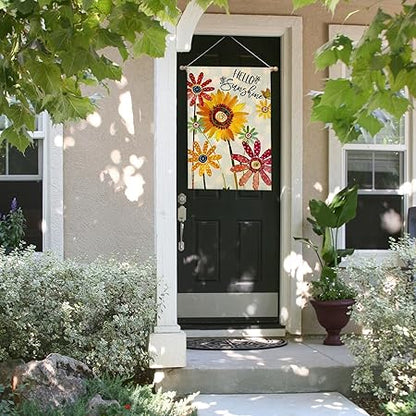 Summer Flowers House Flags for Outdoor, Hello Sunshine Sunflower Daisy Yard Flags for Outside,Seasonal Decorative Flag for Farmhouse Holiday Decoration 28x40 Inch Double Sided