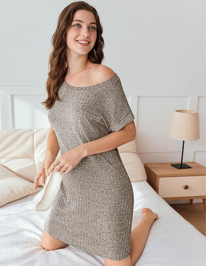 Ekouaer Women's Nightgown Ribbed Knit Sleepshirt Short Sleeve Nightshirt Casual Crew Neck Sleepwear