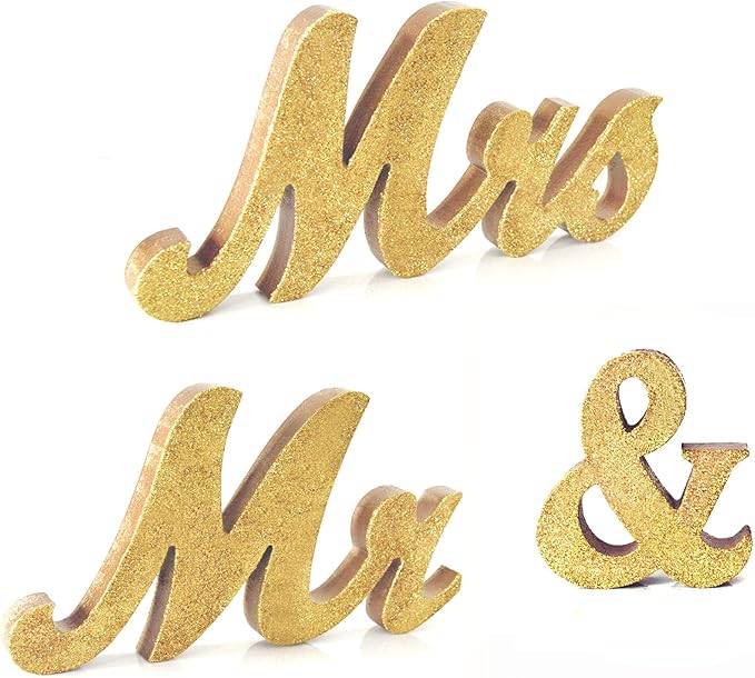 Mr and Mrs Tabletop Wedding Decoration - Wooden Freestanding Letters for Photo Props - Golden Glitter Decor Gift for Bridal Shower Anniversary Party