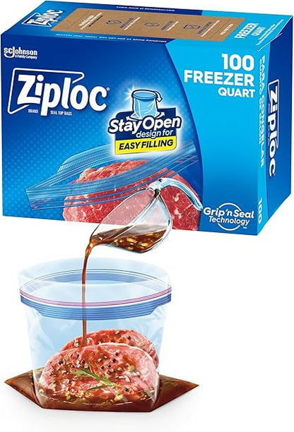 Ziploc Quart Food Storage Freezer Bags, Stay Open Design with Stand-Up Bottom, Easy to Fill, 100 Count