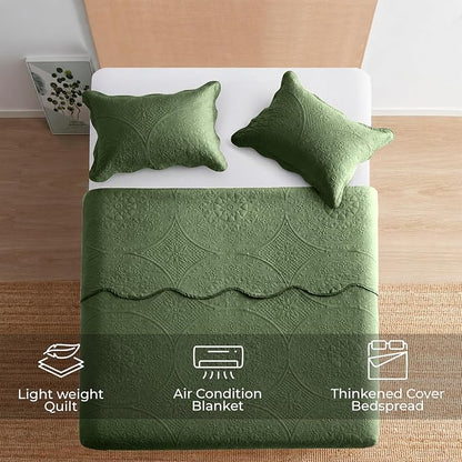 IR Imperial Rooms King Quilt Bedding Set Olive Green Bedspread Coverlet Soft Microfiber Lightweight All-Season Quilts Comforter, Ultrasonic Embossed Floral Pattern, Scalloped Edge, 3 Piece 106x96in