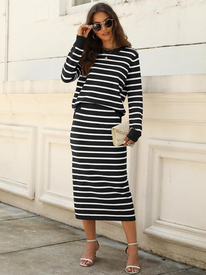 ANRABESS Women 2 Piece Striped Sweater Skirt Set | Cozy Knit Matching Outfit, Crew Neck Long Sleeve Top, Midi Pencil Skirt, Fall Winter Clothes for Work, Casual Outing, Travel