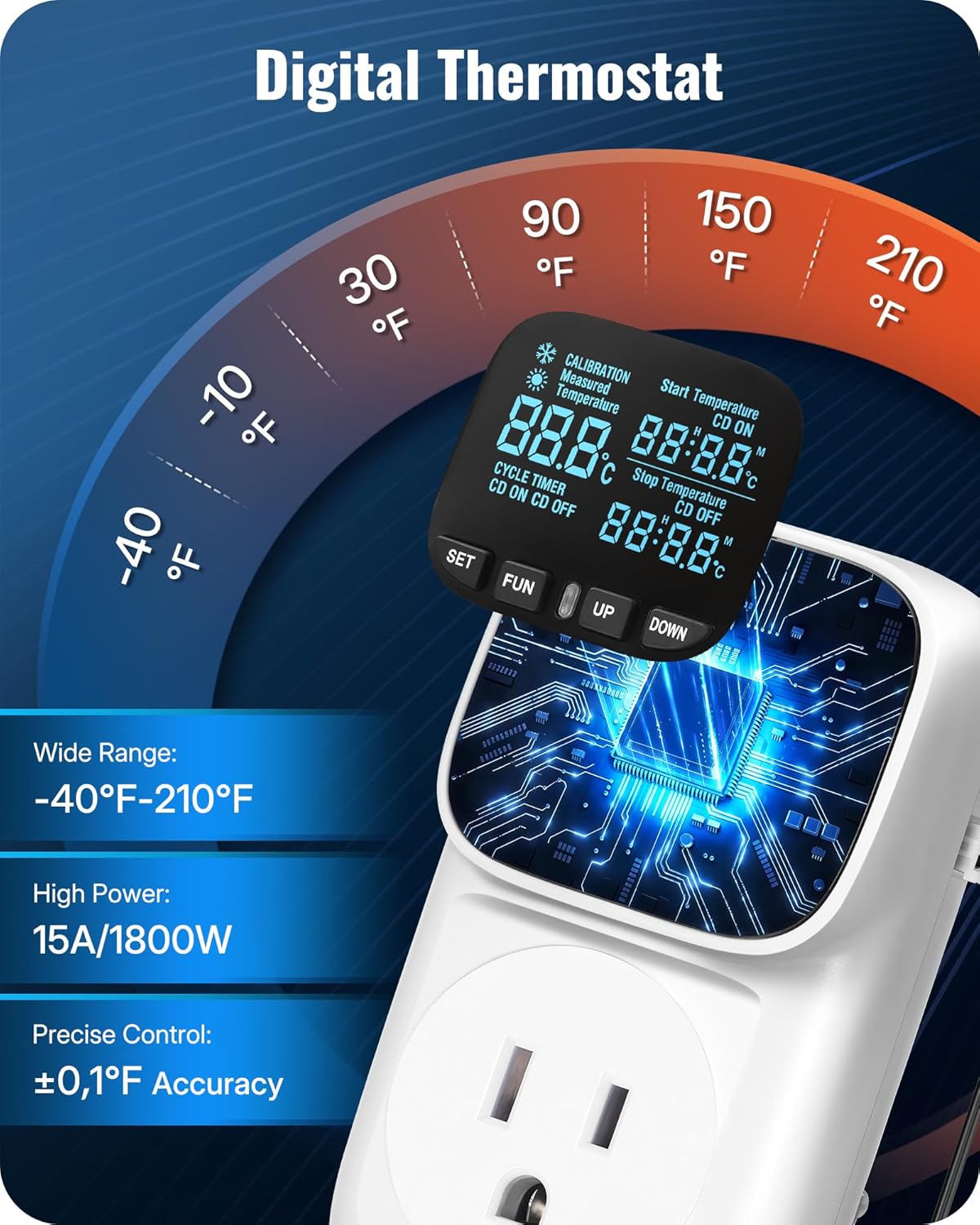 Digital Temperature Controller Outlet (Does Not Include Sensor Wire), 15A/1800W Heavy Duty Thermostat Plug, VA LCD Display, Heating/Cooling Control, -40°F~210°F, 4 Timer Modes, for Greenhouse Incubator Homebrew W01TC06