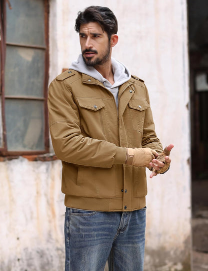 MAGCOMSEN Mens Winter Jacket Fleece Lined Work Jackets Waxed Canvas Shirt Jackets Warm Sherpa Trucker Military Jacket