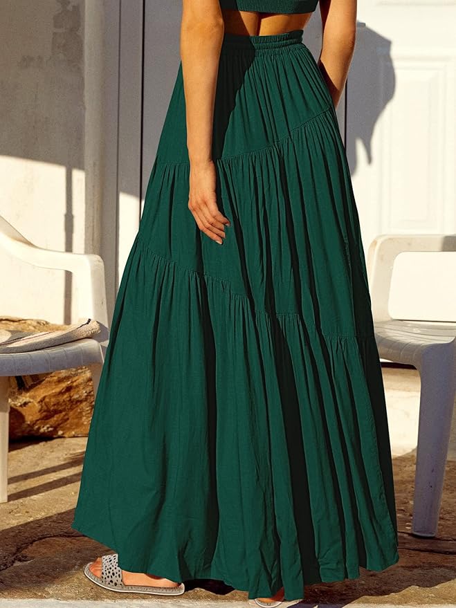 ANRABESS Womens Boho Elastic High Waist Pleated A-Line Flowy Swing Asymmetric Tiered Maxi Long Skirt Dress with Pockets