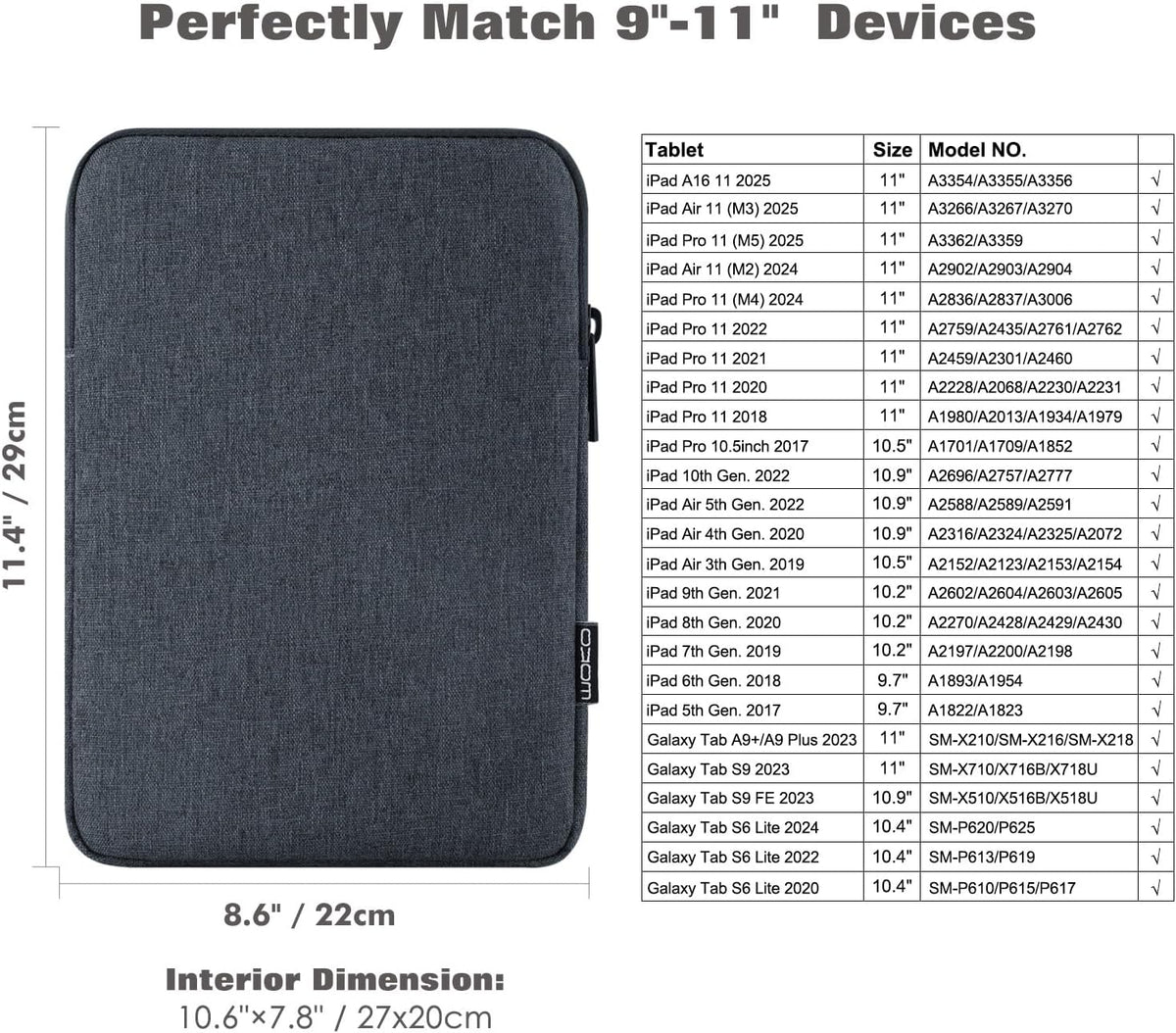 MoKo 9-11 Inch Tablet Sleeve Bag Carrying Case Fits New 11inch iPad Air M4, iPad A16 2025, iPad Pro 11 M4, Air 5/4/3, iPad 10/9/8th Gen, Tab S8/S9 11", Tablet Carrying Case, Space Gray Carrying Case, Space Gray
