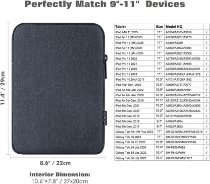MoKo 9-11 Inch Tablet Sleeve Bag Carrying Case Fits New 11inch iPad Air M4, iPad A16 2025, iPad Pro 11 M4, Air 5/4/3, iPad 10/9/8th Gen, Tab S8/S9 11", Tablet Carrying Case, Space Gray Carrying Case, Space Gray