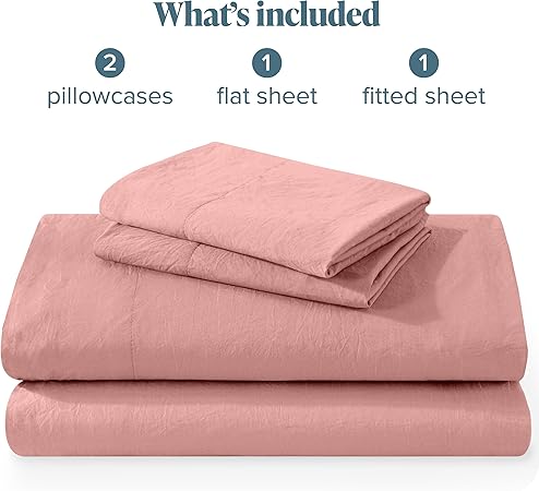 Bare Home Ultra Soft Washed Microfiber 4 Piece Sheet Set, Linen-Like Look, Easy Care, Hypoallergenic, Deep Pocket up to 15, 1 Fitted Sheet, 1 Flat Sheet, 2 Std. Pillowcases (Queen, Dusty Rose)