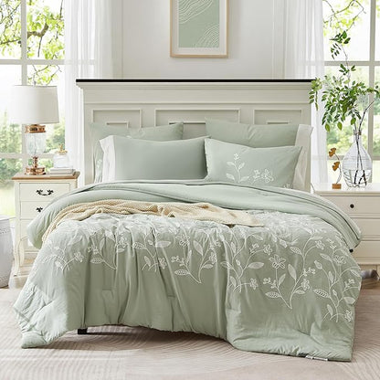 MaiRTMve Queen Size Comforter Sets, Embroidery Queen Bedding Sets 7 Pieces, Sage Green Comforter Set Queen Size, All Season Bed in A Bag Queen with Sheets, Comforter,Pillowcase  Shams