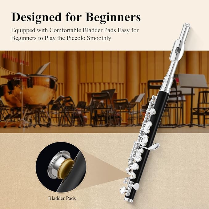 Eastar Piccolo Instrument for Beginners Students, Key of C Piccolo Flute, Resin, with Hard Case, Cleaning Rod, Cloth, Swab and Gloves, 2-Piece, Silver Plated Piccolo, Black, EPC-3S