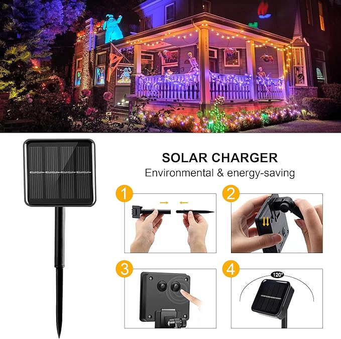 kemooie 2 Pack Total 200 LED Solar Halloween Lights, 8 Twinkle Modes Upgraded Solar Powered Fairy Lights, for Outdoor, Garden, Balcony Party Halloween Decorations (Purple and Orange)