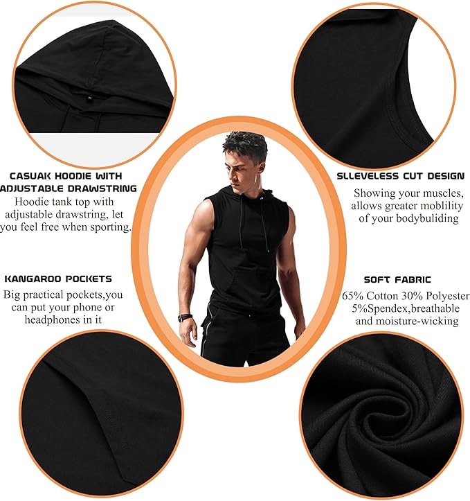 Babioboa Men's Workout Hooded Tank Tops Sleeveless Gym Hoodies Bodybuilding Muscle Cut Off T-Shirts