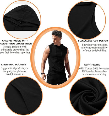 Babioboa Men's Workout Hooded Tank Tops Sleeveless Gym Hoodies Bodybuilding Muscle Cut Off T-Shirts